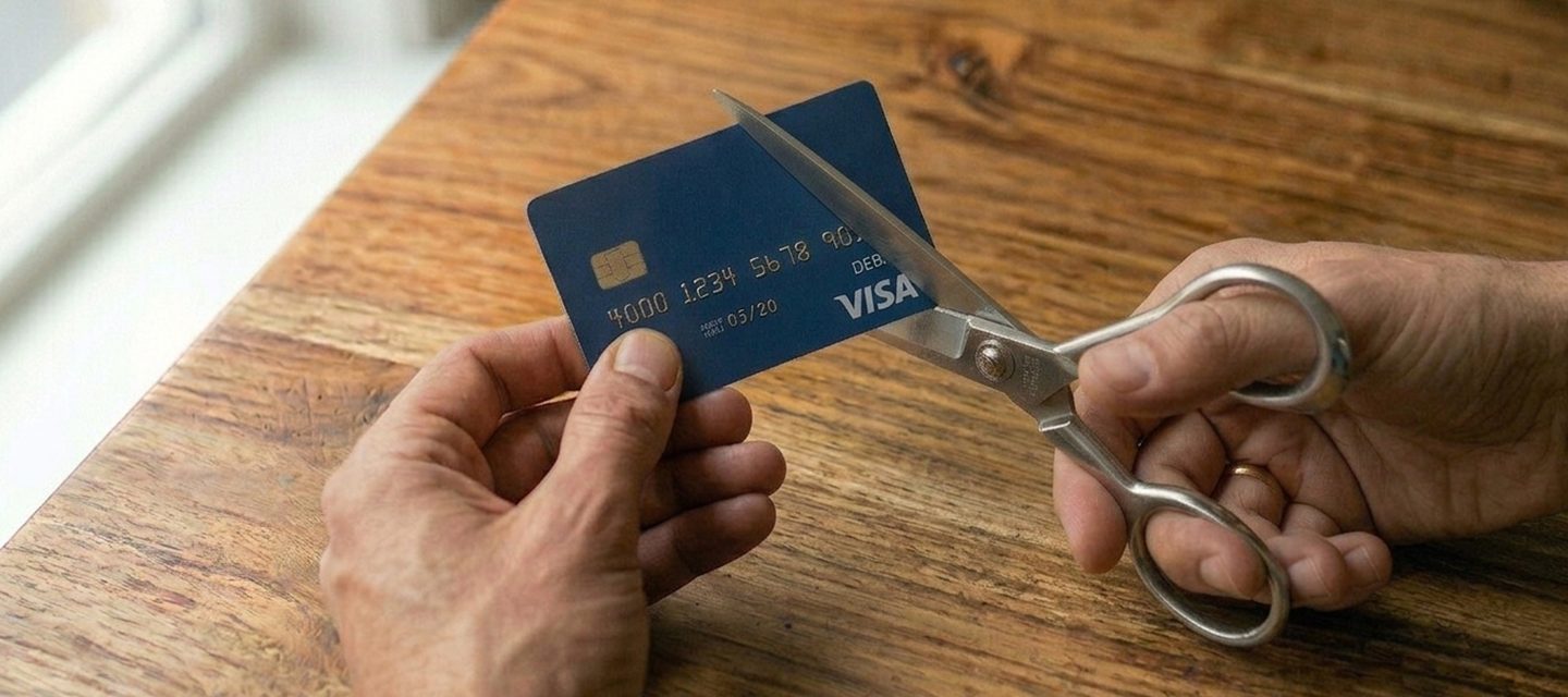 A credit card being cut with scissors representing debt consolidation